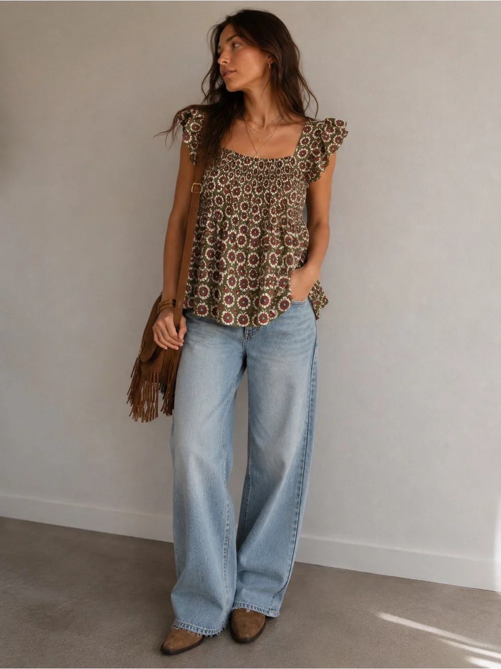 NWOT Bucket List Floral Babydoll Top Large Olive Green Ruffle Sleeve Boho Cotton